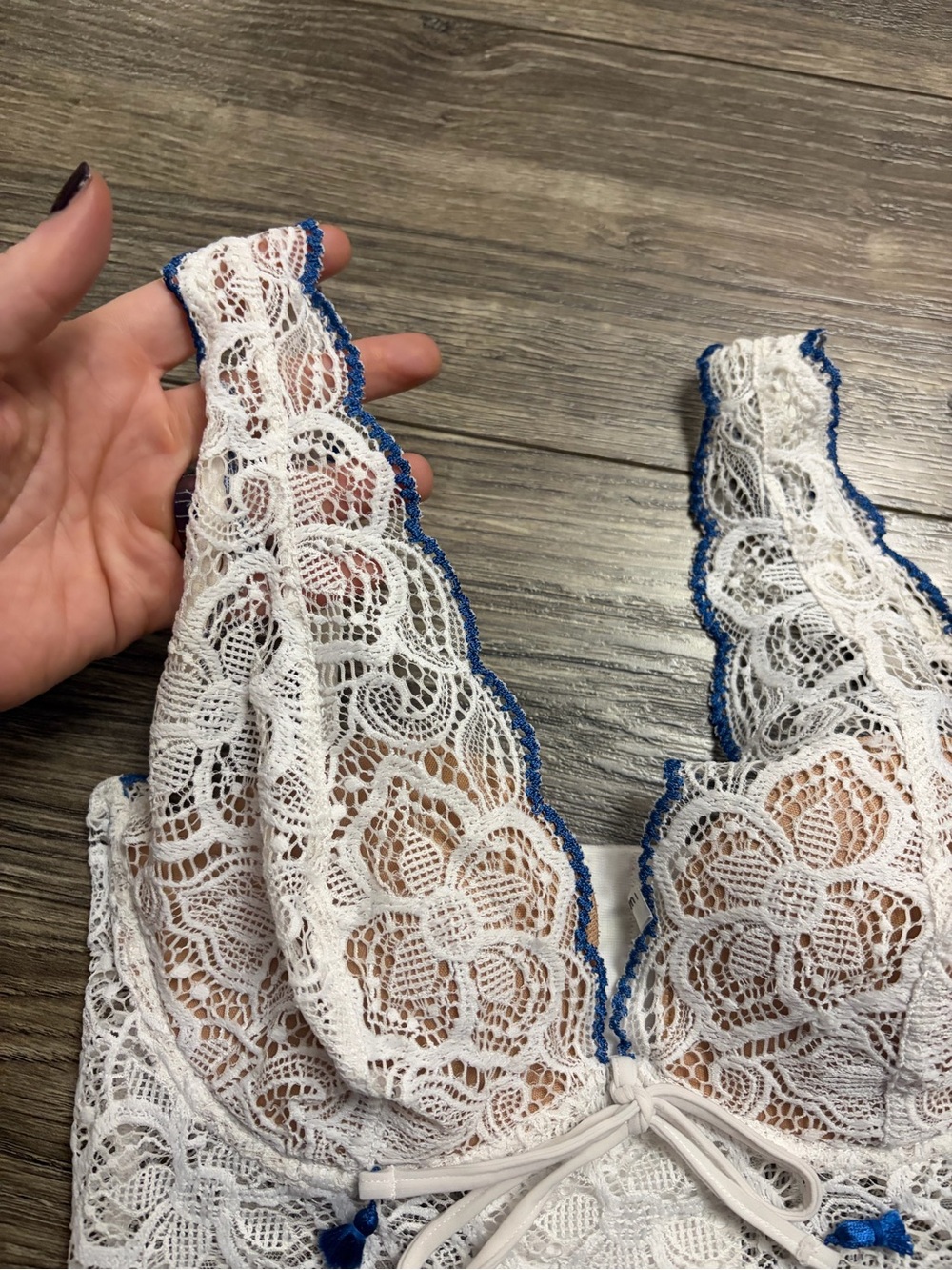 90s Intimissimi Italian Vintage Floral Lace Longline Corset Bra (White/Blue) 34C - Picture 3 of 8